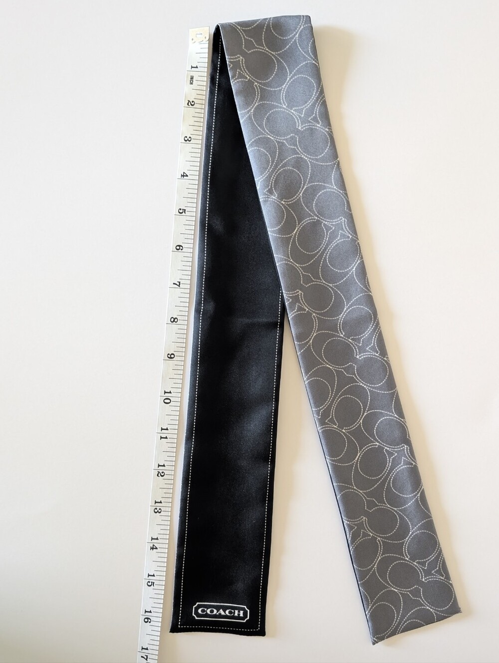 NWOT Coach 100% Silk Twilly Skinny Scarf | Black Grey White Signature C Monogram